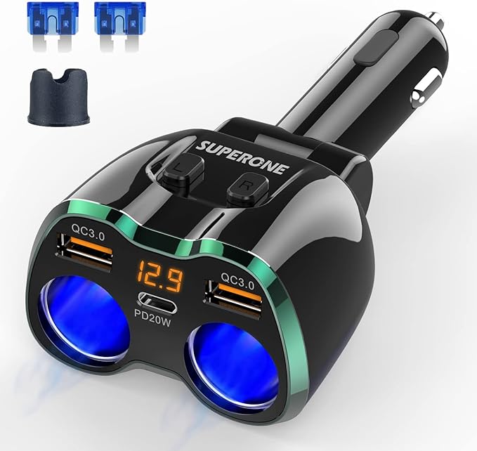 [2026 Upgraded] Cigarette Lighter Splitter, 180W 2-Socket Cigarette Lighter Adapter with Dual QC3.0 and 20W PD USB C Car Charger Splitter for GPS/Dash Cam/Laptop/iPad/iPhone 17/16/15/14/13/12