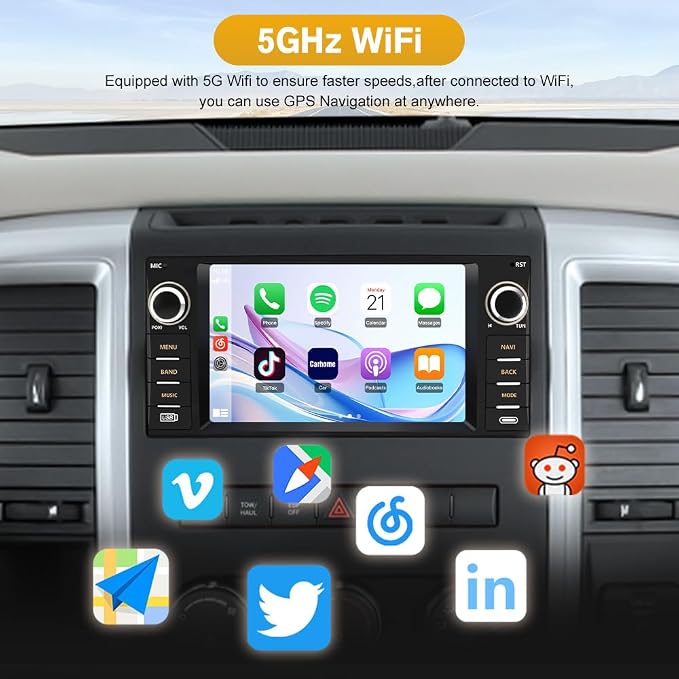 Car Radio Stereo for Dodge Ram 1500 2500 3500 2009 2010 2011 2012 Avenger Challenger 2008 2009 2010 2011 2012 2013 2014, 7 Inch Touch Screen with Wireless CarPlay Android Auto Backup Camera