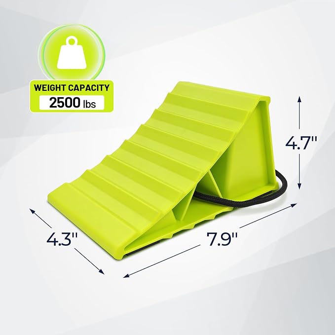 2 Pair Wheel Chocks for Travel Trailers, Non Slip Heavy Duty Green Wheel Chock with Rope, Lightweight Wheel Stoppers for Cars Campers Trucks RVs, Easy to Carry & Suitable for Most Tyre Sizes