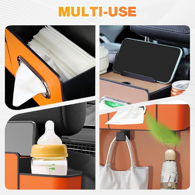 3-in-1 Car Backseat Organizer with Cup Holder, Tissue Box, Trash Bin & Hooks,Multifunctional Back Seat Car Organizer for Hold Phones,Snacks,Drinks,and Handbags (Black)