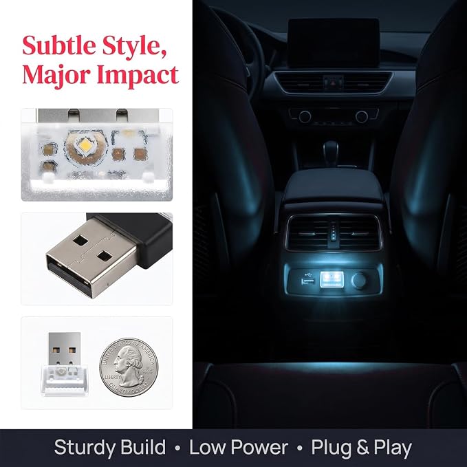 2PCS USB LED Car Interior Atmosphere Lamp, Portable Mini, Ice Blue | 5V USB-A plug-in, soft accent glow, no wiring, decor night light, car accessories for cars, SUVs, trucks