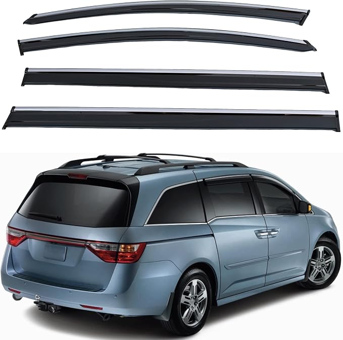 4pcs Smoke Tint with Chrome Trim Outside Mount Tape On/Clip On Style PVC Sun Rain Guard Vent Window Visors Compatible with 11-17 Odyssey RL5