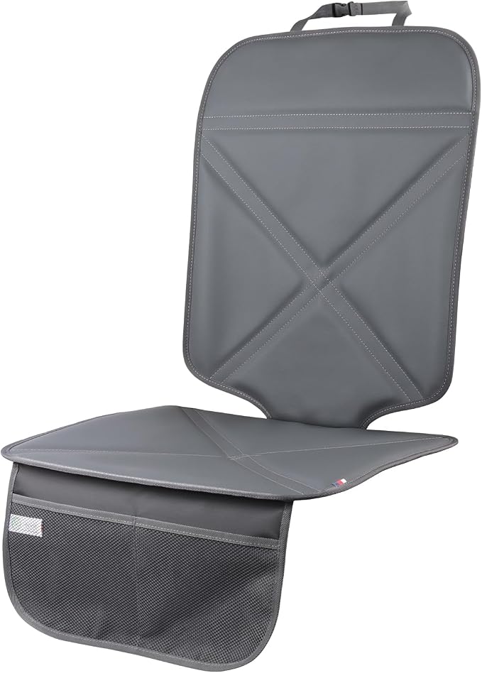 Car Seat Protector Leather Waterproof Child Safety Seat Protector Cover with Thick Pad and 2 Large Pockets Durable Kick Mat for All Auto Seat (Deep Gray)