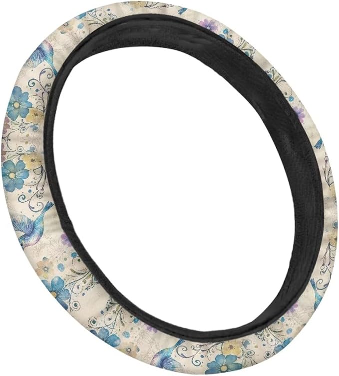 Comfortable Car Steering Wheel Cover Hummingbird Flower Blue Pattern Auto Steering Wheel Protector with Anti-Slip Lining Car Interior Accessories Universal Fit Car SUV Van Truck