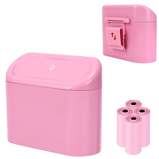 Mini Car Trash Can with Lid, Small Car Garbage Can, Cute Leakproof ABS Car Trash Bin, Car Accessories for Interior, Garbage Bin for Car, Home, Office with 60pcs Trash Bags Pink