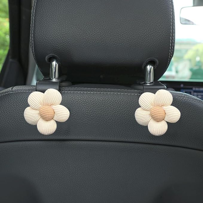4PCS Car Headrest Hooks, Cute Flower Vehicle Seat Organizer Hooks for Purses and Bags, Portable Automotive Purse Hanger Holder Decoration, Universal for SUV, Sedan, Truck (Beige/Black)