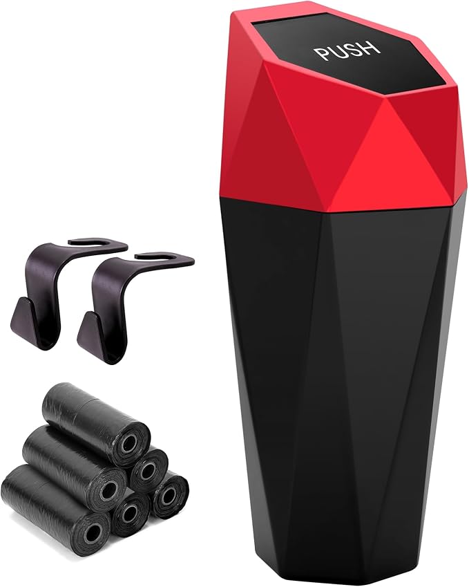 Car Trash Can Cup Holder, Mini Car Trash Can with Lid, Car Accessories for Interior, Leakproof Small Trash Cup for Car, Home with Additional 2 ABS Hooks and 90pcs Trash Bags Red