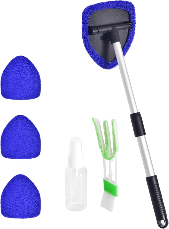 Windshield Cleaner Car Windshield Cleaning Tool with 3 Reusable, Washable Microfiber Pads and Extendable Handle Microfiber Car Window Cleaner
