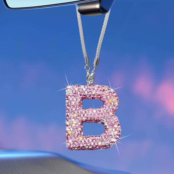 Bling Pink Car Accessories for Women Letter Charm, Rainbow Color Rear View Mirror Cute Crystal Pendant Car Decorations, Lucky Gifts Diamond Rhinestone Charm Letter B
