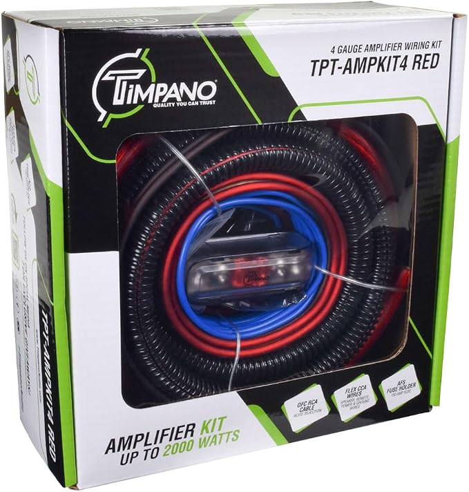 Timpano Amplifier Wiring Kit - 4 Gauge Amp Kit 2000 Watts Car Amplifier Installation CCA Cables Kit – 150 Amp Fuse Single Amp TPT-AMPKIT4 RED