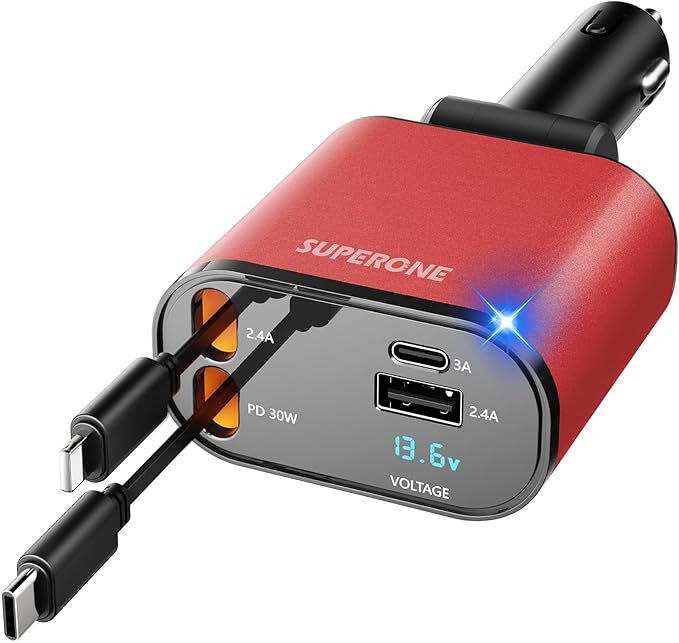 【Upgraded】 Retractable Car Charger 4 in 1, Fast Car Phone Charger with Cord 2.6ft, USB C and Apple Car Charger Adapter, Compatible with iPhone 17/16/15/15 Pro Max/14/13/12/11, Galaxy, Pixel