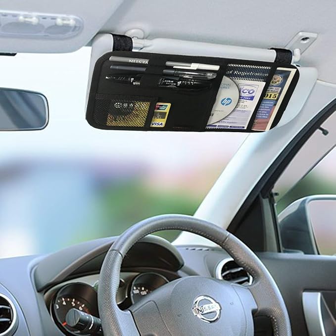Car Sun Visor Organizer, Auto Visor Holder Interior Accessories Pocket Organizer - Car Registration Holder Document Storage Pouch Pen Holder - Black