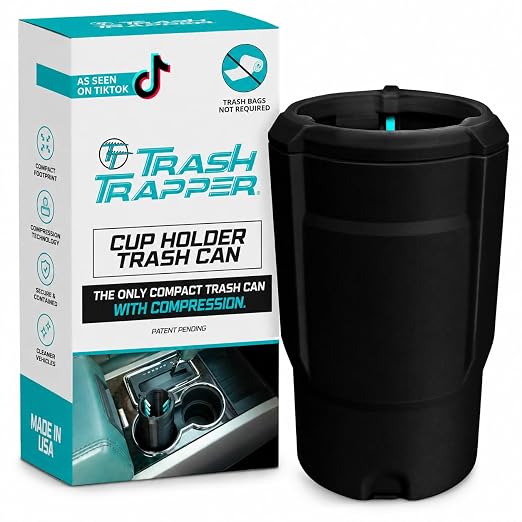 Car Trash Can Cup Holder | Mini Car Trash Can | Fits in Most Doors | 5.1" x 2.9" | Traps More & Empties Less, Patent-Pending Compaction, Holds Weeks of Small Garbage, Black/Teal