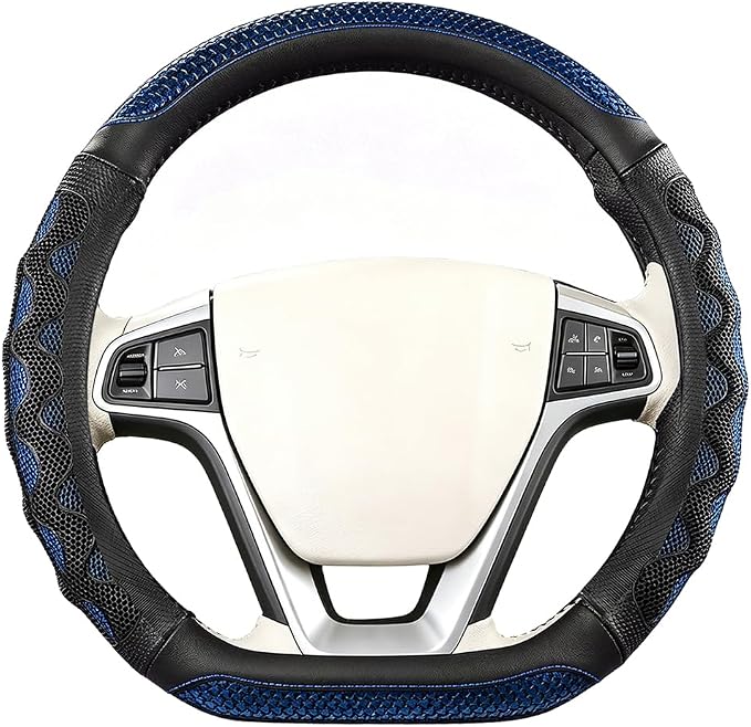 D-Shaped Car Steering Wheel Cover, 14.5-15" Anti-Slip Steering Wheel Protector with 3D Honeycomb Massage Grip, Comfortable Sporty Auto Interior Decor Accessories, Universal Fit (Black/Blue)