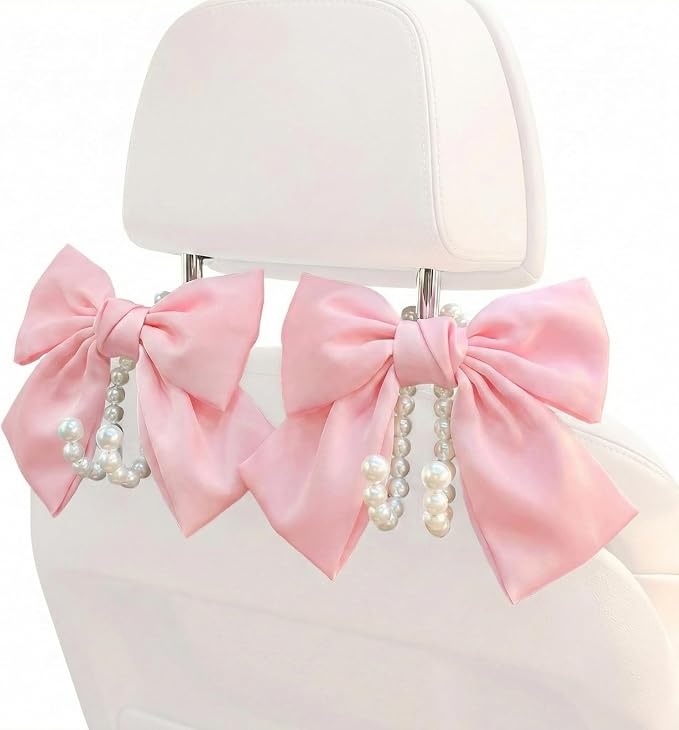 2PCS Satin Bow Pearl Car Seat Headrest Hooks – Car Bag Holder & Vehicle Hanger for Purses – Cute Coquette Aesthetic Interior Decoration – Cute Auto Organizer Accessories Universal (Pink)