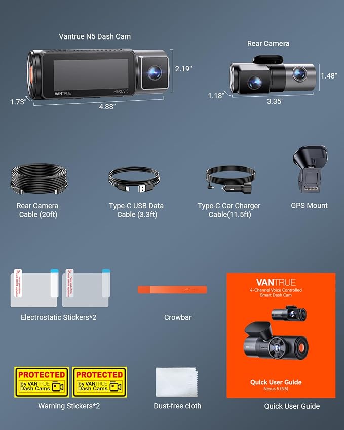N5 4 Channel WiFi 360° All Sides Dash Cam, STARVIS 2, IR Night Vision, 2.7K+1080P*3 Front Rear Inside Dashcam, Voice Control, GPS, 24 Hours Buffered Parking Mode Dash Camera, 512GB Max (N5)