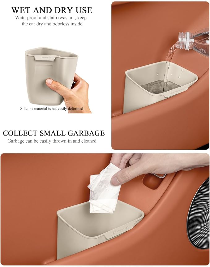 Car Interior Storage Box, Black Silicone Door Side Organizer with Umbrella Holder and Trash Can, Vehicle Accessory (Beige)