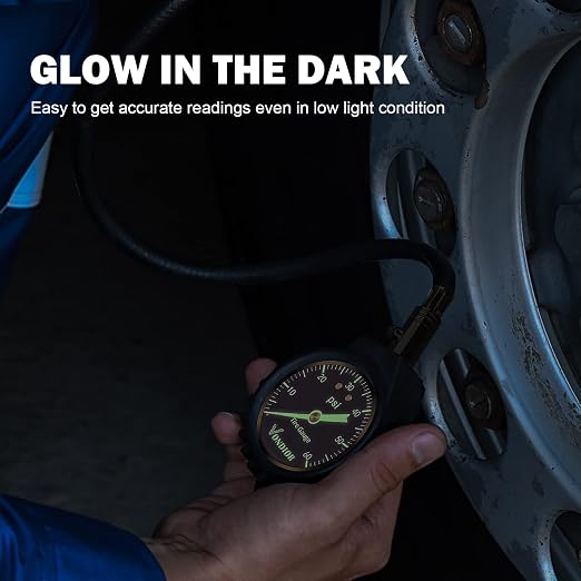 Tire Pressure Gauge with Tube (0-60 PSI), Air Pressure Gauge Certified ANSI Accurate with Large Easy to Read Glow Dial, Tire Pressure Gauge for Car Trucks Bicycle Tires
