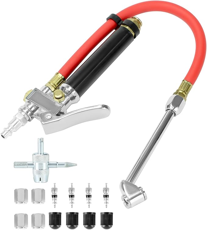 10-120 PSI Tire Inflator Gauge - Dual Head Chuck, 12-Inch Hose, Leak-Free Valve Core, Chrome-Plated Cast Steel, with 4 Way Tool and Valve Cores Tire Pressure Gauge