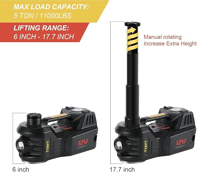 Electric Car Jack Kit 5 Ton 12V Floor Jack with Impact Wrench and Tire Inflator Pump Portable Hydraulic Car Jack for SUV Sedans Tire Change with LED Light, Lifting Height 6 to 17.7 Inch (Black)