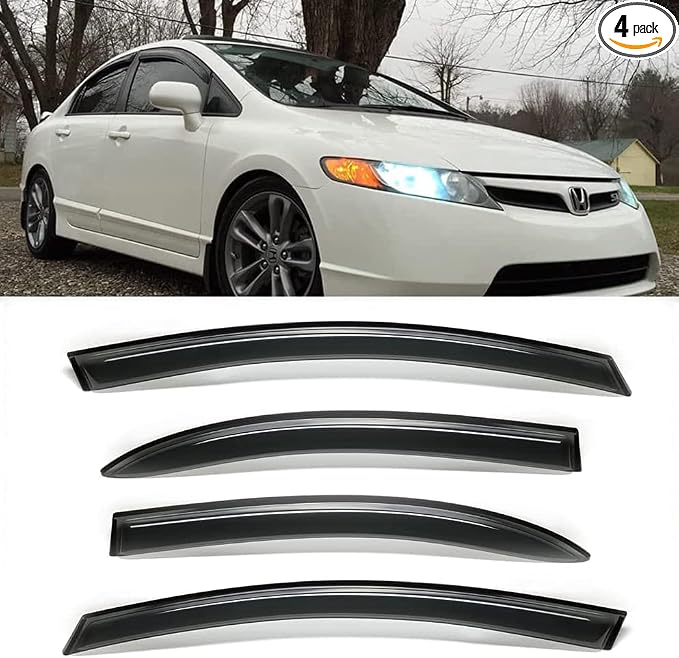 Side Window Visors Vent Deflector Rain Guard fit for 2006-2011 Honda Civic 4-Door Sedan,4pcs Outside Mount Tape-on Shatterproof Dark Smoke Window Shades 94944