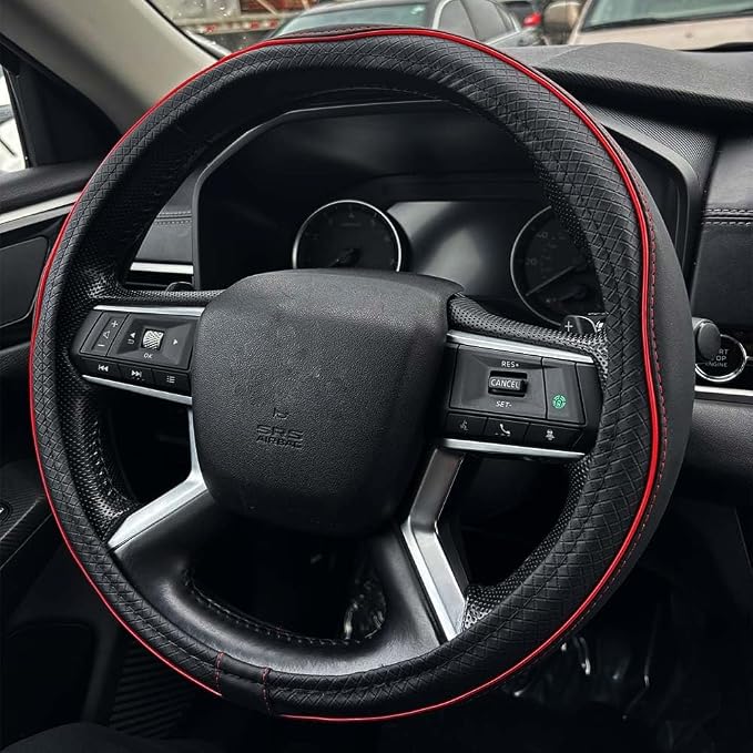 Car Steering Wheel Cover, Durable Leather Cover with Anti-Slip Lining, Breathable Auto Wheel Cover Protector, Universal 15 Inch Anti-Slip Steering Wheels for Men & Women (Black Red)