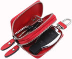 Key Fob Case Genuine Leather, Double Zipper Car Key Holder & Key Wallet with Keychain, Key Pouch for Purse Gift