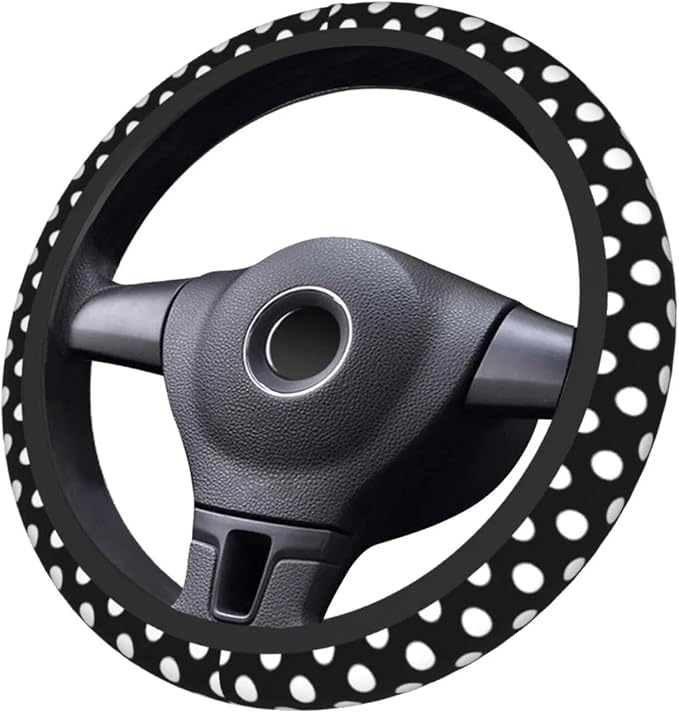 Black White Steering Wheel Cover Universal 14.5-15 Inch Non-Slip Polka Print Dot Car Accessories