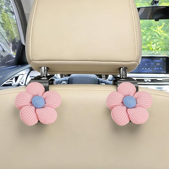 2PCS Car Seat Headrest Hook, Cute Flower Vehicle Backseat Purse Handbag Storage Hanger, Floral Auto Seat Back Holder Hook for Coat Umbrella Grocery, Universal for Vehicles (Pink)