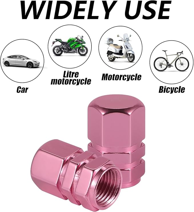 Aluminum Tire Stem Valve Caps Wheel Valve Covers Car Dustproof Tire Cap Cover Accessories, Universal for SUV, Car, Bike and Motorcycle，Hexagon Shape (Pink)