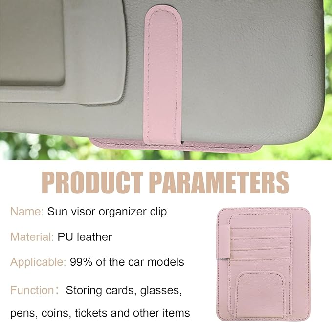 2 PCS Car Sun Visor Organizer, Small Auto Visor Organizer and Storage, Registration and Document Holder for Sunglasses, Card, Pen, Driver License, Car Accessories (Pink)