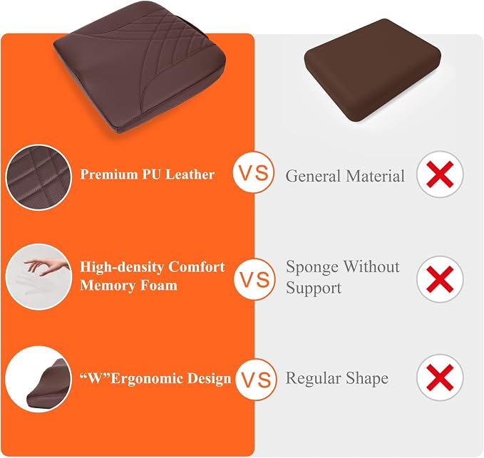 Premium Car Seat Cushion, Memory Foam Driver Seat Cushion to Improve Driving View- Coccyx & Lower Back Pain Relief - Seat Cushion for Car, Truck, Office Chair (Leather Brown)