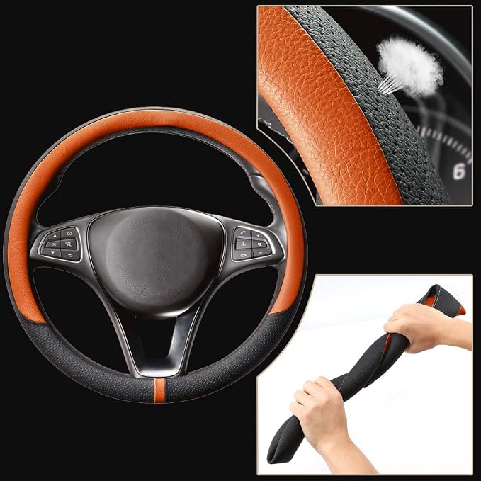 Breathable Car Steering Wheel Cover 15 inch Auto Universal Leather Wrap Non-Slip Steeringwheel Protector Automotive Interior Accessories, Purple (Suit for 14.5-15 inch)
