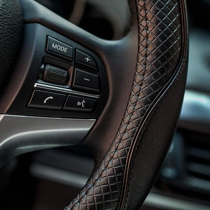 Steering Wheel Covers Universal 15 inch - Genuine Leather, Breathable, Anti Slip & Odor Free (Black with Black Lines, M(14" 1/2-15" 1/4))