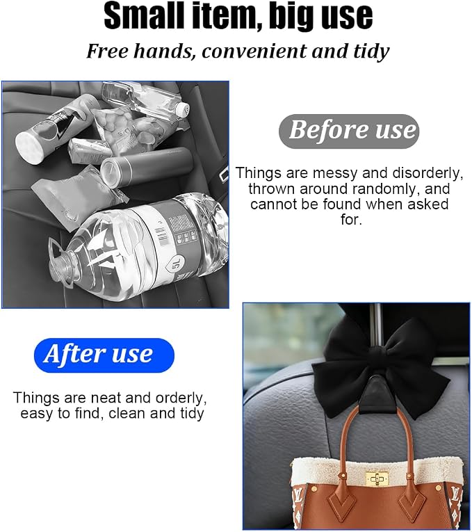 2PCS Car Seat Headrest Hook, Cute Bow Backseat Hanger Holder for Purse Bag Handbag Coat, Auto Interior Seat Back Grocery Storage Organizer Hook, Universal for Vehicles (Black)