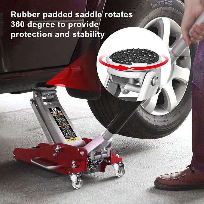 AT815016LR Torin Hydraulic Low Profile Aluminum and Steel Racing Floor Jack with Dual Piston Quick Lift Pump, 1.5 Ton (3,000 lb) Capacity, Red
