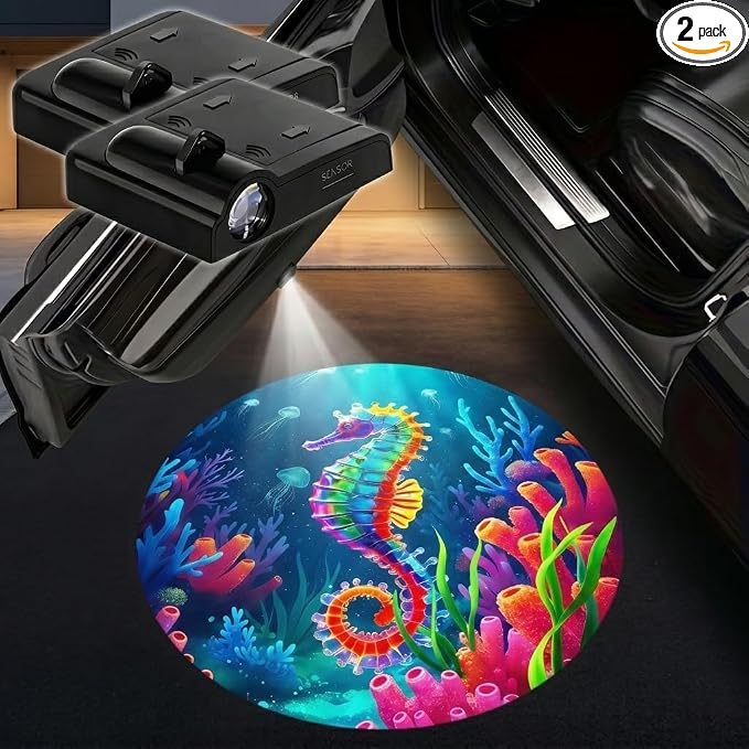 2PCS Seahorse Car Door Lights Projector, Magnetic Logo Projector Door Lights, Wireless LED Welcome Puddle Light, Seahorse Car Accessories Decor, Gifts for Women Men, Fit All Vehicles Motorcycle