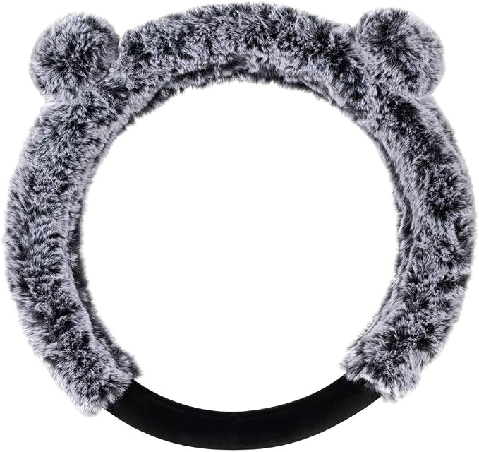 Faux Fur/Wool/Sheepskin Steering Wheel Cover for Women - Cute, Bear Fur, Soft, Fluffy, and Warm, Great for Winter Gray with Ears, 14.5-15