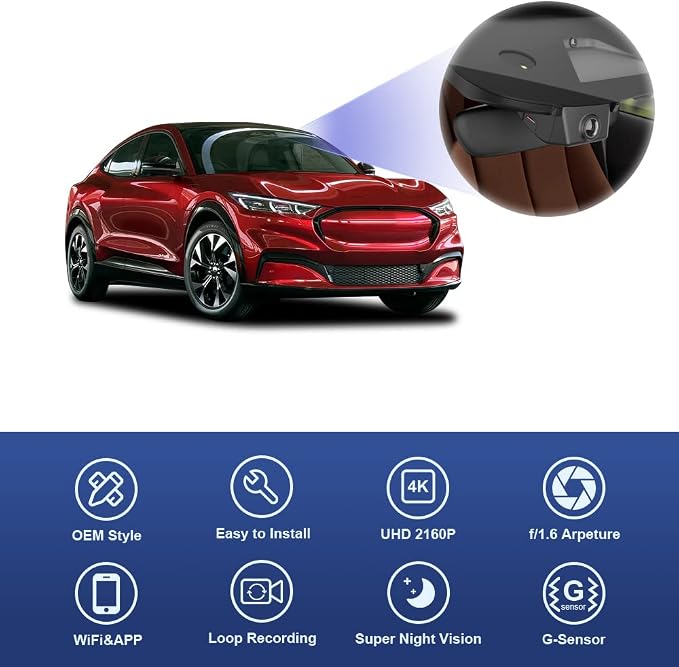 4K Dash Cam Suitable for Ford Mustang Mach-E 2021-2025 GT Select Premium, OEM Factory Look, 2160P UHD Video, Built-in WiFi & APP, Loop Recording, G-Sensor, Plug & Play, 64GB Card