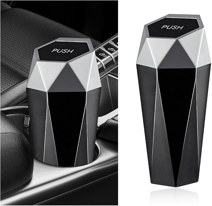Car Trash Can with Lid, Diamond Design Leakproof Vehicle Cup Holder Garbage Can, Waterproof Trash Bin Mini Portable Garbage Organizer for Cars Homes Offices Bedrooms (Silver)