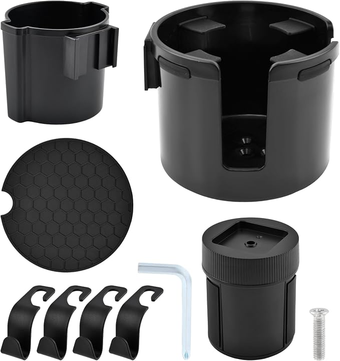 2-in-1 Car Cup Holder Expander with 4 Hooks - Upgraded Adjustable & Expandable Base, Offset Option, Versatile Car Accessories Fits Yeti, Hydroflask, Large Water Bottles