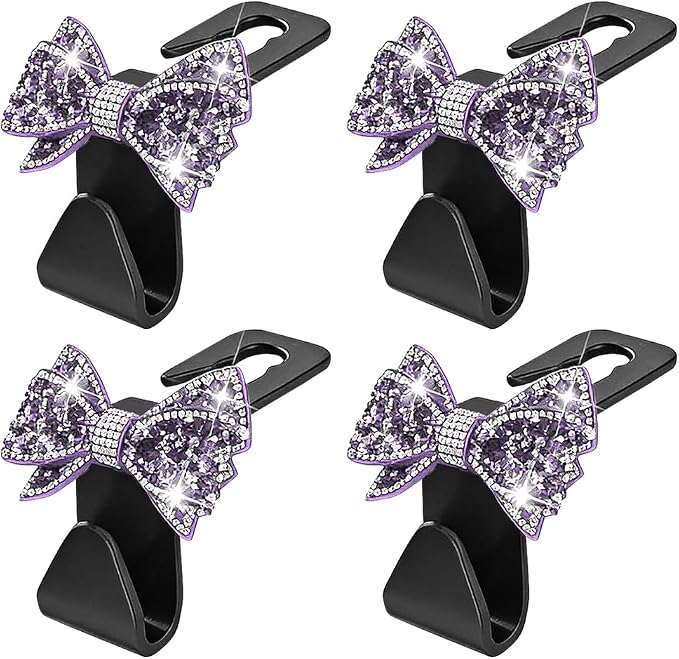 Zpana Bling Car Headreat Hook, 2PCS Crystal Rhinestone Cute Bow Vehicle Seat Back Hanger Storage for Purses Bags Grocery, Diamond Auto Rear Seat Organizer, Universal for SUV Truck Sedan (Purple)