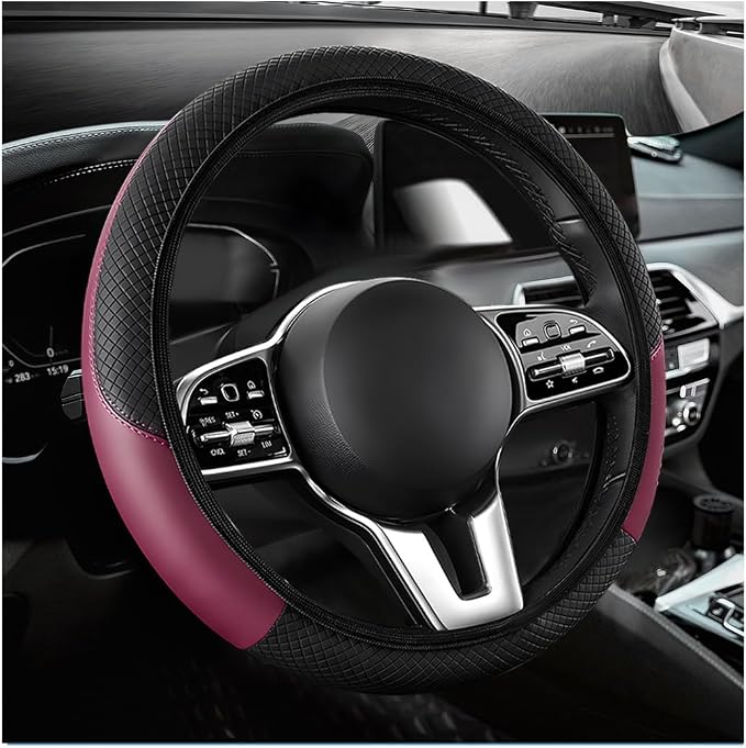 Car Steering Wheel Cover, 15 Inch Anti-Slip Stretch Leather Steering Wheel Protector, Comfortable Breathable Sporty Steering Wheel Cover for Women Men, Car Accessories (Wine Red, AD)