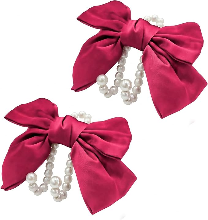 2 PCS Bow Pearl Car Seat Headrest Hook – Cute Purse Hook for Car, Girly Interior Decoration Accessories Hook Hanger, Seatback Holder for Purses & Bags, Elegant Car Organizer (Berry Fuchsia)