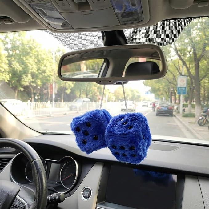 Fuzzy Plush Dice for Car Mirror, Pair of Retro 3” Dark Blue Dice with White Dots for Car Interior Hanging Ornament Decoration (Dark Blue)