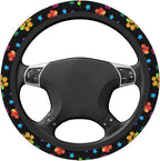 Paw Print Steering Wheel Cover for Women, Universal Auto Steering Wheel 14-15 Inch Car Interior Accessories with 2PCS Car Coasters, Suitable for Men and Women