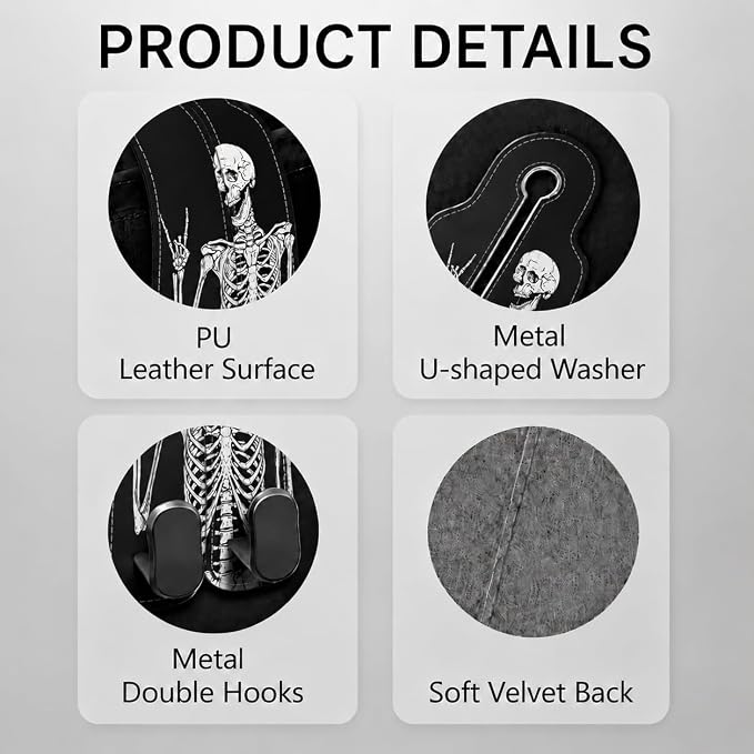 Cute Skull Skeleton Car Seat Back Storage Headrest Hooks for Purses & Bags – 2PCS PU Leather Dual Metal Hooks, Backseat Organizer Accessories