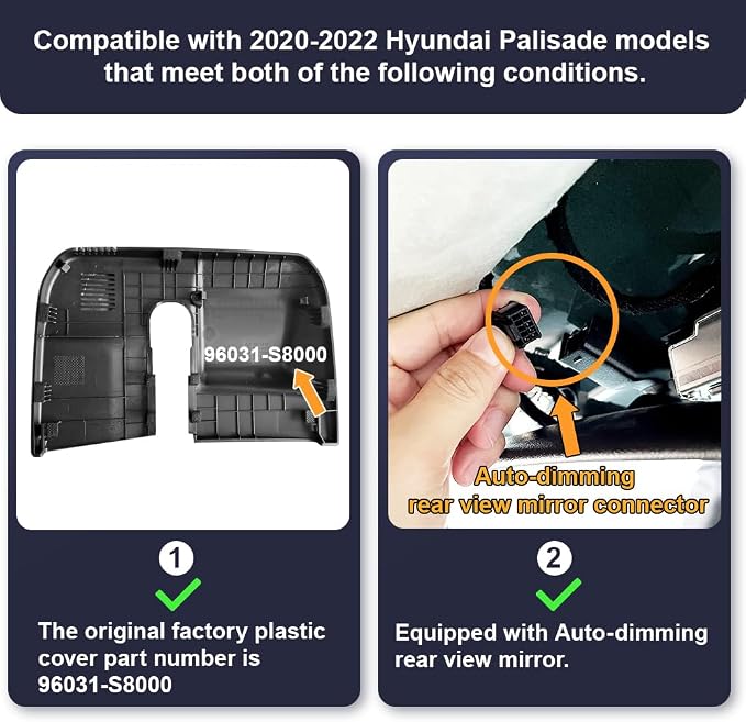 4K Dash Cam Suitable for Hyundai Palisade 2020 2021 2022 (Part No#S8000) Limited SE SEL Calligraphy, OEM Look, UHD 2160P Video, Loop Recording, WiFi & APP, G-Sensor, Easy to Set, 64GB Card