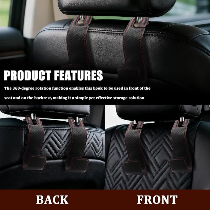 2PCS Car Seat Headrest Hooks, Purse Hook for Car, Automotive Headrest Handbags Holder, Auto Accessories Leather Seatback Organizer Hanger for Hanging Purses Bags Coats (Carbon Fiber, 1PCS)