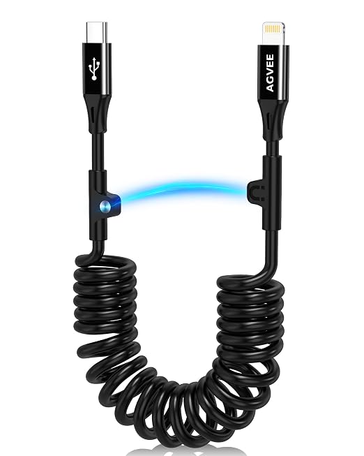 5ft Coiled USB-C to Lightning Cable [MFI Certified] Carplay | 30W PD Fast Charger Data Transfer Cord in Car for iPhone 14/13/12/11/XS/8/7/6/5, iPad, iPod